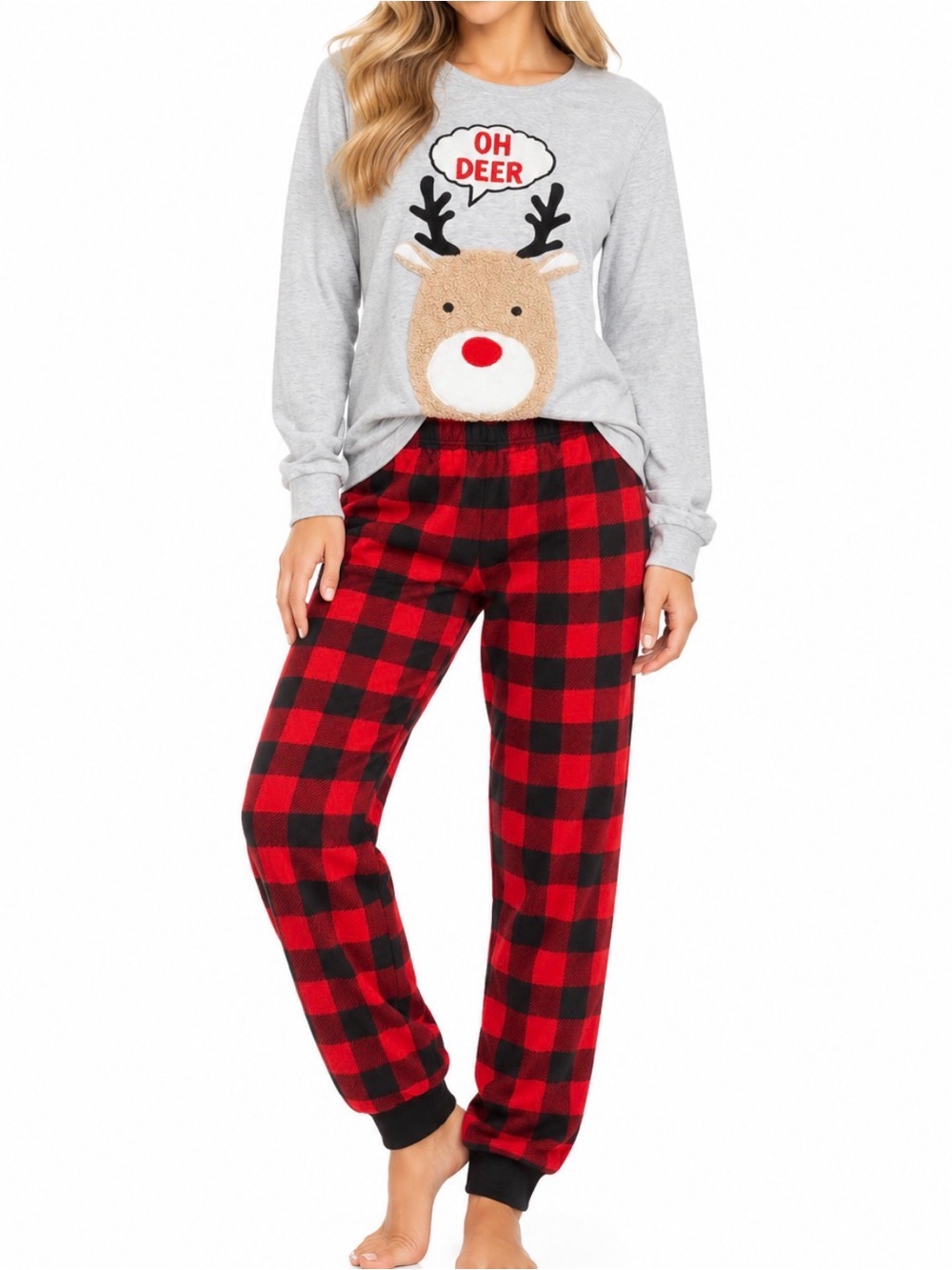 HolidayTime Oh Deer Reindeer Red Buffalo Plaid 2 Piece Christmas Pajama Set XL
